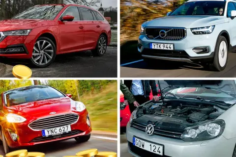 Vilka bilar har kamkedja? En röd Skoda, en ljusblå Volvo, en röd Ford och en vit VW med öppen motorhuv.