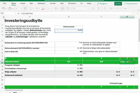 Arkusz kalkulacyjny Excel z tabelą "Investeringsudbytte" i polem "Diskontorente".
