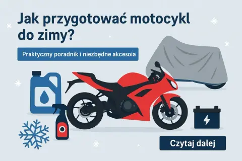 Czerwony motocykl, płyn do konserwacji, spray, akumulator i motocykl pod pokrowcem.