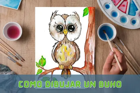 Ilustración de un buho tierno en acuarela, con pinceles y paleta de colores. Aprende como dibujar un buho paso a paso.