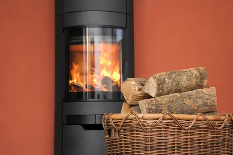 Moderner Kaminofen mit brennendem Holz. Ein Korb mit Holzscheiten daneben. Erneuerbare Energien, 15 Prozent Holz als Brennstoff.