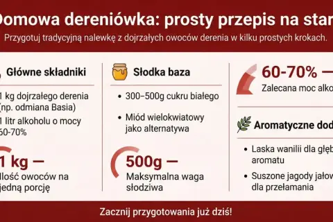 Przepis na domową nalewkę z derenia: 1 kg owoców, 1 litr alkoholu 60-70%, cukier lub miód, wanilia i jałowiec.