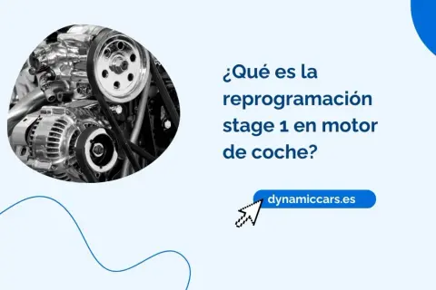 Detalle de motor de coche y texto: "¿Qué es la reprogramación stage 1 en motor de coche?". Pros y contras.