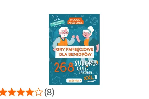 Okładka książki "Gry pamięciowe dla seniorów" z wesołymi postaciami i hasłem "Zachowaj młody umysł".