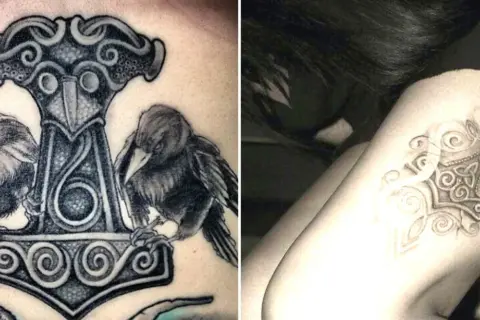 Tatuajes del martillo de Thor con cuervos y runas, simbolizando fuerza y protección. El martillo de Thor tatuaje significado es poder y valentía.