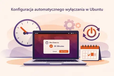 Ustawianie automatycznego wyłączania komputera w Ubuntu. Na ekranie laptopa okno z odliczaniem 30 minut. Obok zegar i kalendarz.