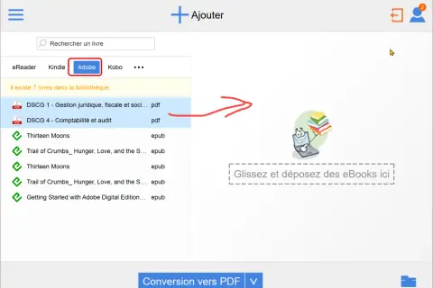 Interface d'Epubor Ultimate, onglet Adobe sélectionné, montrant des livres et une invitation à glisser-déposer, suggérant la gestion des livres avec Adobe DRM.