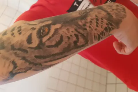 Rękaw z malych tatuazy przedstawiający oko tygrysa i jego futro.