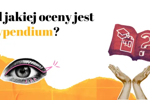 Od jakiej oceny jest stypendium? Grafika przedstawia oko, otwarte dłonie i otwartą księgę z pytajnikiem, sugerując poszukiwanie informacji o wymaganiach.