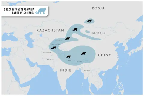Mapa pokazuje zasięg występowania pantery śnieżnej w Azji. Zwierzęta te zamieszkują wysokie szczyty górskie od Rosji po Indie.