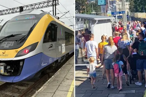 Nowoczesny pociąg Kolei Małopolskich czeka na pasażerów. Tłum ludzi, w tym rodziny z dziećmi, wsiada na peronie, gotowi na podróż pociągiem do Paryża z Krakowa.