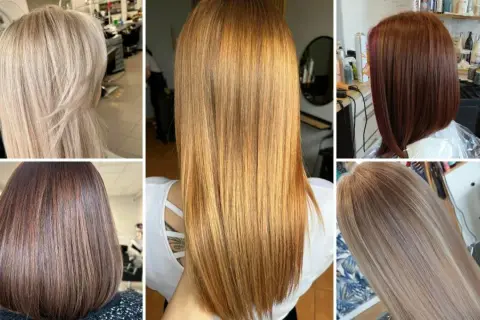 Kolaż prezentuje modne fryzury młodzieżowe damskie: blond, rudy, brązowy i rudy bob.