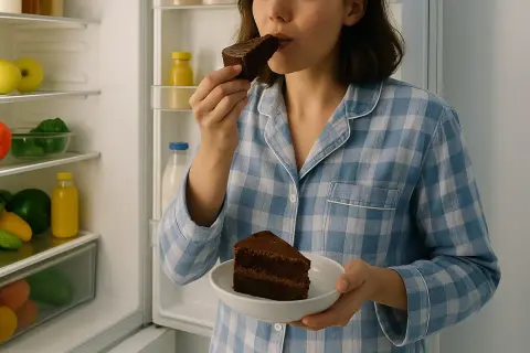 Frau im Schlafanzug isst nachts Hunger mit Schokoladenkuchen aus dem Kühlschrank.