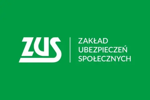Logo ZUS, Zakład Ubezpieczeń Społecznych, w kolorze białym na zielonym tle.