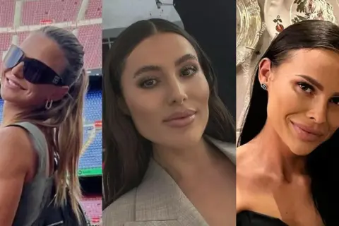 Trzy uśmiechnięte polskie WAGs: jedna w okularach przeciwsłonecznych na tle stadionu, druga w marynarce, trzecia z biżuterią.