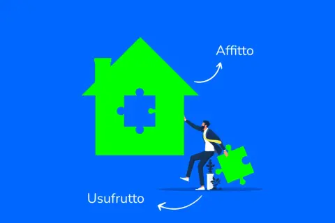 Un uomo con un pezzo di puzzle verde in mano, vicino a una casa verde con un pezzo mancante. L'usufruttuario può affittare.