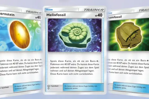 Drei Pokémon-Itemkarten: Altbernstein, Helixfossil und Domfossil. Jede Karte zeigt ein Fossil und kann als Basis-Pokémon mit 40 KP gespielt werden.