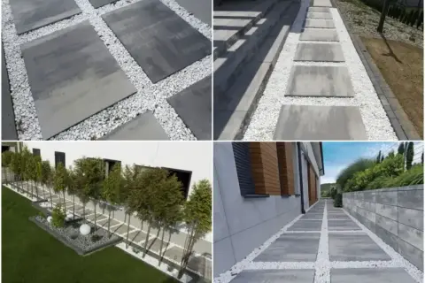 Nowoczesne ścieżki z płyt betonowych i białego żwiru tworzą najtańszą opaskę wokół domu, nadając mu elegancki wygląd.