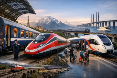 Reise mit dem hamburg budapest zug durch malerische Landschaften, vorbei an Bergen und Brücken.