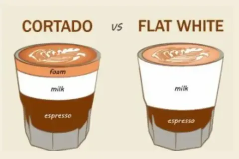 Illustration visar skillnaden mellan flat white och cortado. Cortadon har ett lager skum, medan flat white har mer mjölk.