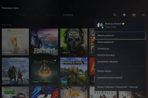 Menu PlayStation Store z widocznym profilem użytkownika i opcjami: Metody płatności, Wykorzystaj kod.