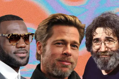 Trois hommes aux visages anguleux : LeBron James avec lunettes, Brad Pitt, et Jerry Garcia.