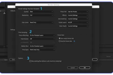 After Effects render settings: Quality, Resolution, Disk Cache, Time Sampling, Frame Rate, and Options. Learn how to render in After Effects.