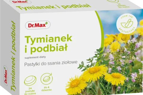 Dr.Max Tymianek i podbiał - ziołowe pastylki do ssania, idealne co na ból gardła. Opakowanie zawiera 24 sztuki.