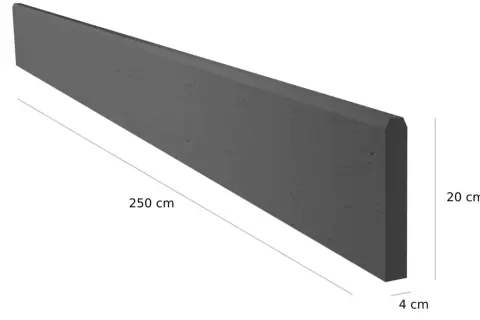 Szary betonowy element o wymiarach 250 cm długości, 20 cm wysokości i 4 cm grubości. Idealny jako podmurówka betonowa.