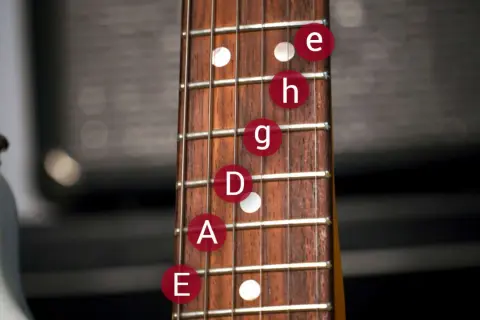 Gitarrenhals zeigt die Gitarrensaiten Reihenfolge: E, A, D, G, H, e.