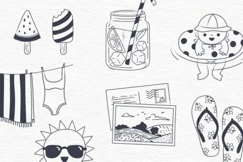 Un dibujo de verano con helados, toalla, bañador, sol con gafas, jarra de limonada, bebé en flotador, postales y chanclas.