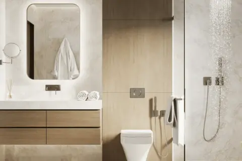Aménagement petite salle de bain 4m2 : meuble vasque bois, miroir rétroéclairé, douche moderne.
