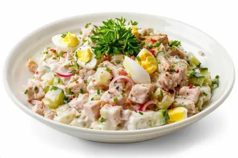 Ein cremiger Thunfischsalat mit Eiern, Gurken und Zwiebeln, garniert mit Petersilie und Schnittlauch.