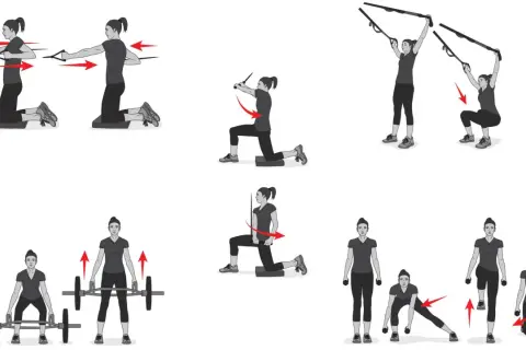 Illustrations of exercises for triathlon strength training programs: resistance band rows, TRX squats, barbell deadlifts, and dumbbell lunges.