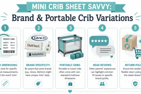Comparing mini crib vs pack and play size: image shows crib dimensions, brands, portable cribs, reviews, and return policies for choosing the right sheet.