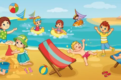 Dzieci bawią się na plaży, budują zamki z piasku, pływają w kołach, a jedna dziewczynka odpoczywa pod parasolem. Jakby śpiewały "szły pchły koło wody".