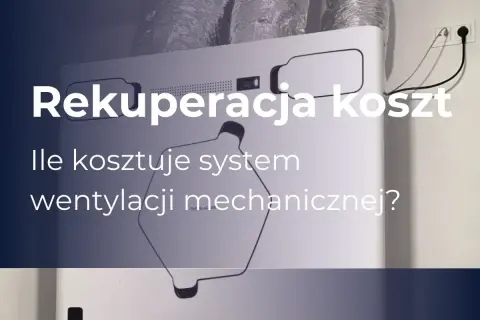 Rekuperacja koszt: ile kosztuje system wentylacji mechanicznej? Białe urządzenie z przewodami i tekstem.