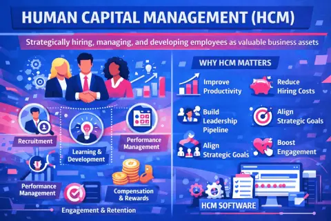 Was ist HCM? Die Grafik erklärt Human Capital Management: strategische Mitarbeitergewinnung, -verwaltung und -entwicklung zur Steigerung von Produktivität und Engagement.