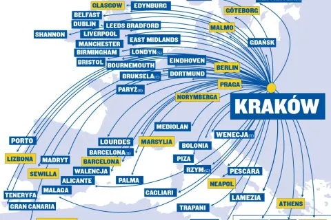 Mapa pokazuje loty jednodniowe z Krakowa do wielu europejskich miast, w tym Berlina, Rzymu, Aten i Lizbony.