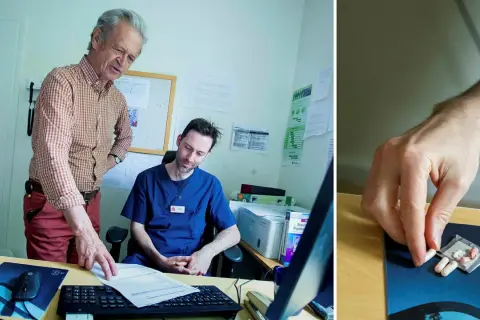 Läkare diskuterar piller, där en hand plockar upp kapslar. Frågan om sertralin beroendeframkallande lyfts.