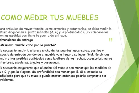 Guía sobre como se mide un mueble para asegurar que quepa por puertas y pasillos. Incluye medidas de altura, ancho y diagonal.