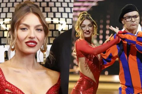 Izabela Skierska w czerwonej sukience tańczy z partnerem w stroju cyrkowym.