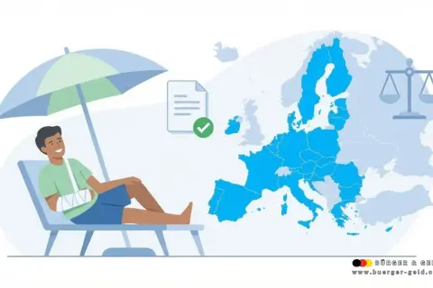 Mann mit Armschlinge entspannt am Strand. Krankengeld-Urlaub im Nicht-EU-Ausland? Eine Waage symbolisiert rechtliche Fragen.