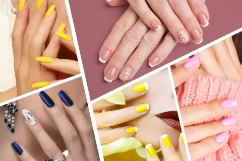 Collage di mani con unghie decorate: giallo vivace, french manicure elegante, blu glitterato, rosa pastello e unghie con disegni floreali.
