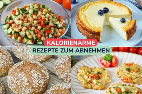 Vier Bilder zeigen gesunde Gerichte: Kichererbsen-Salat, Käsekuchen, Vollkornbrötchen und herzhafte Muffins. Perfekt für ein kalorienarmes Abendessen zum Abnehmen.