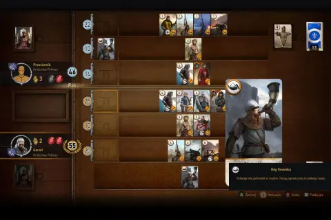 Geralt gra w Gwinta, jego przeciwnik ma 46 punktów, a on 55. Na stole widać karty jednostek i specjalną kartę "Róg Dowódcy".