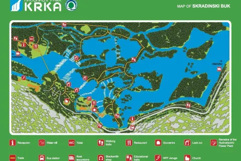 Mapa Parku Narodowego Krka, ukazująca sieć szlaków, wodospady, punkty widokowe i udogodnienia dla turystów.