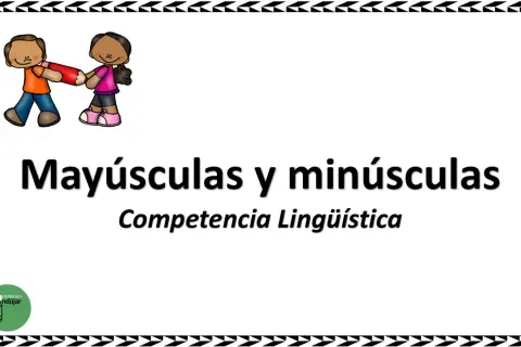 Dos niños tiran de un lápiz, ilustrando el tema "Mayúsculas y minúsculas". Ideal para ejercicios para imprimir.