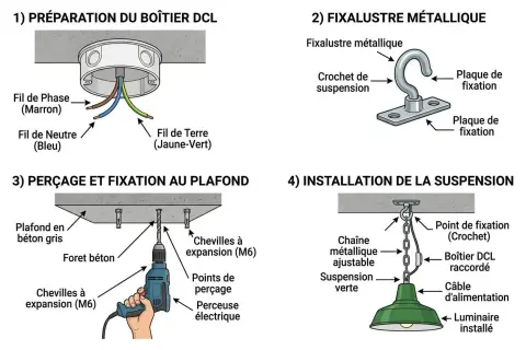 Schéma illustrant comment fixer un plafonnier au plafond avec boîtier DCL, incluant la préparation du boîtier, la fixation du crochet, le perçage et l'installation finale.