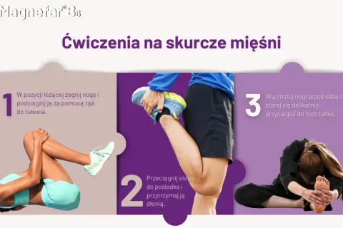 Ćwiczenia na skurcze mięśni: leżąc, podciągnij nogę do tułowia. Potem przyciągnij stopę do pośladka. To pomoże, gdy czujesz spazma.